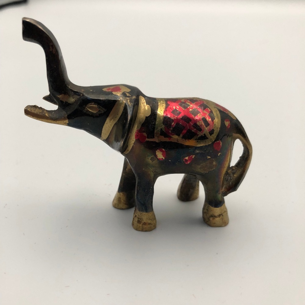 Vintage Hand Painted Brass Indian Elephant Figurine Boho Deco Trunk Up Luck 3"